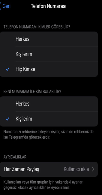 Telegram telefon numarası gizleme